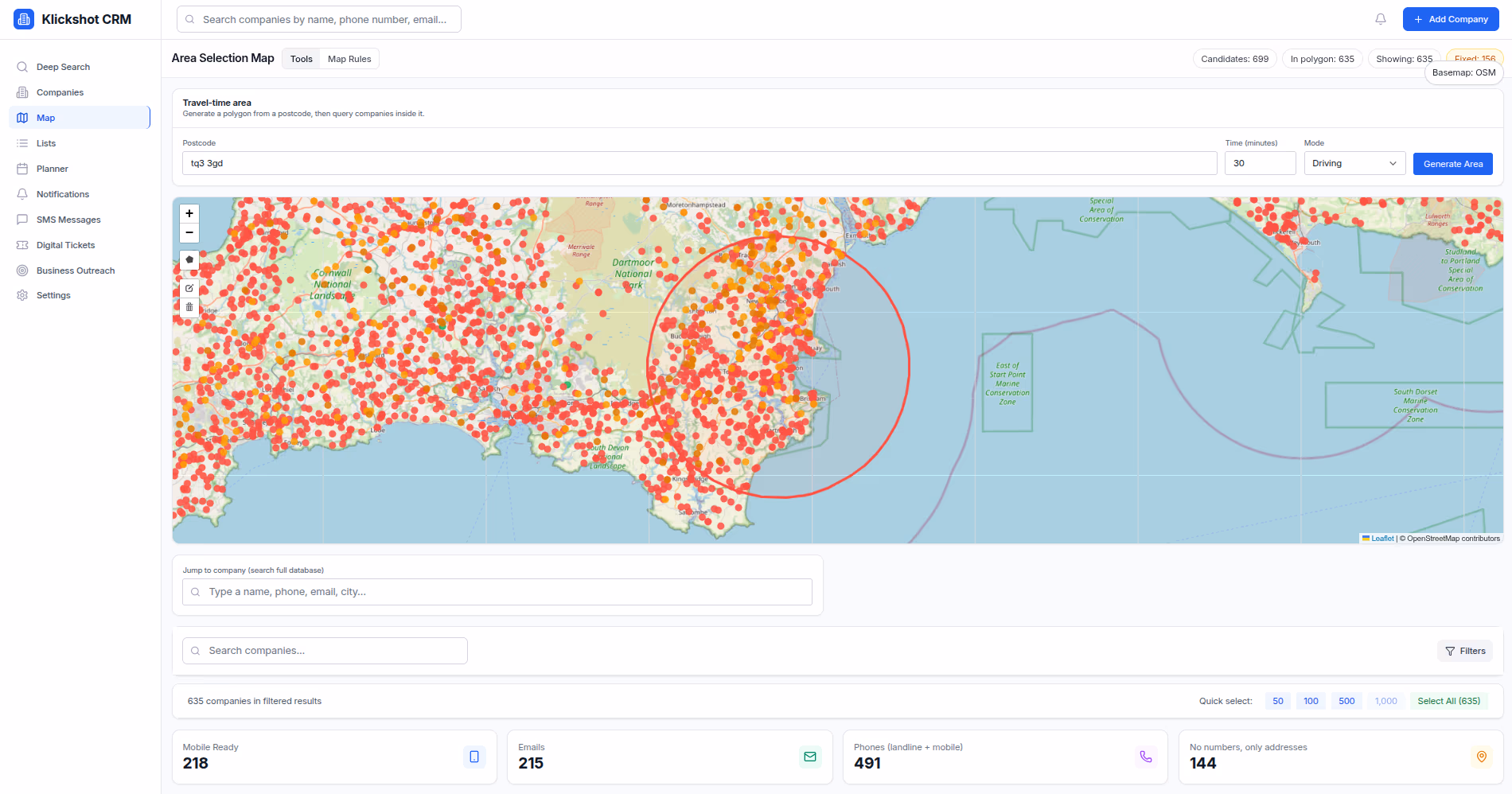 ABM customer mapping and route planning interface