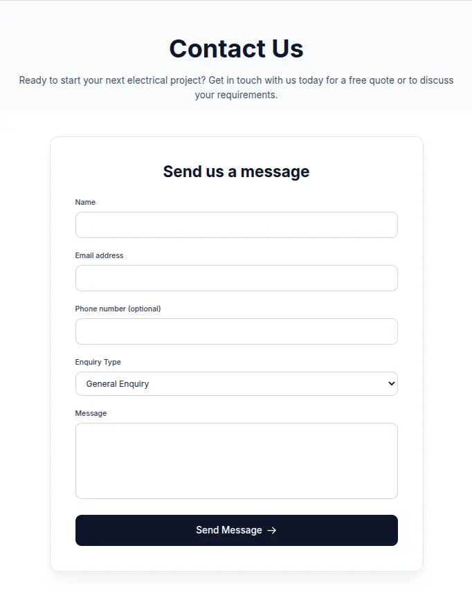 Elliot Electrical website contact and enquiry form