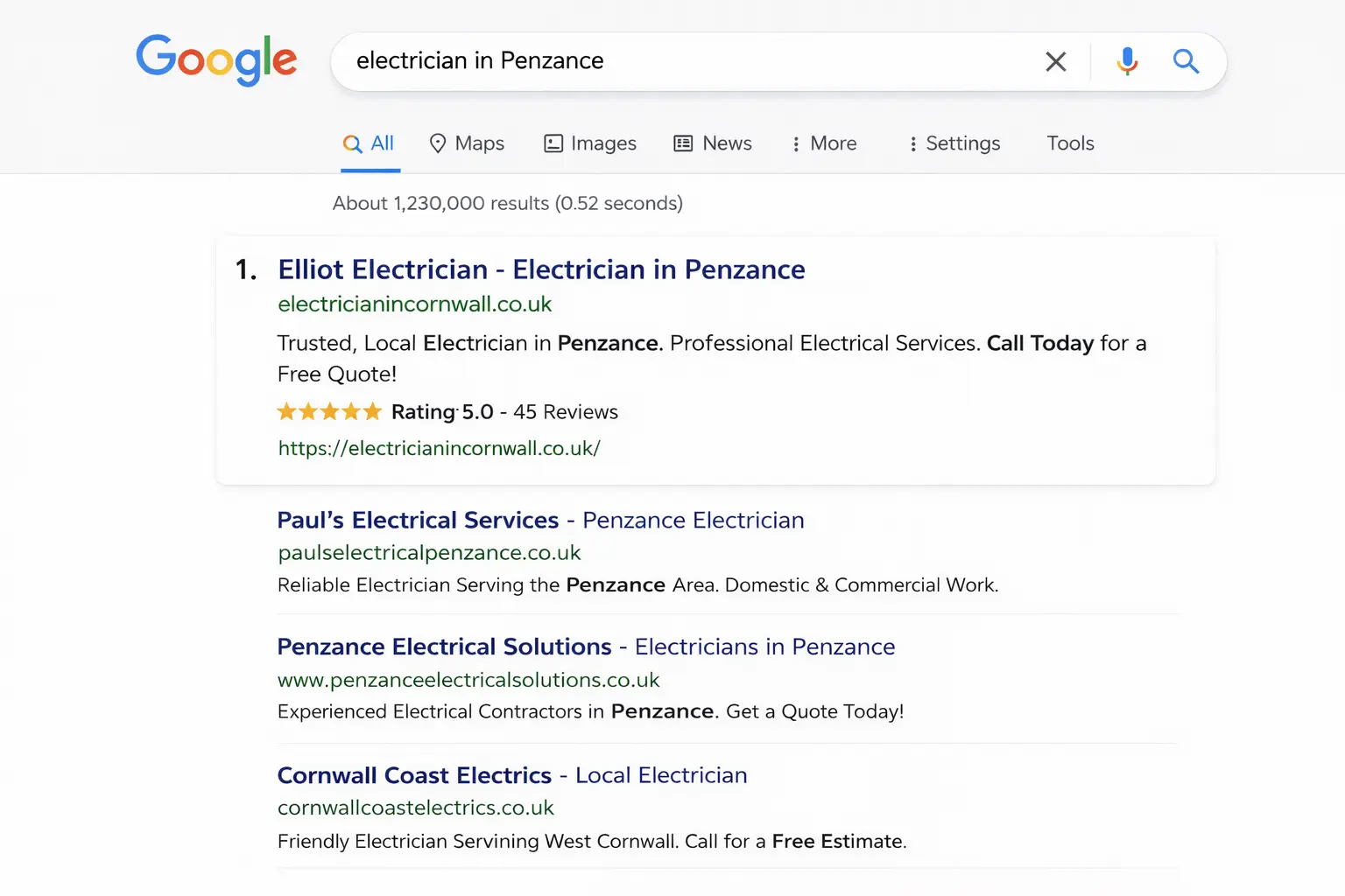 Elliot Electrical ranking #1 on Google