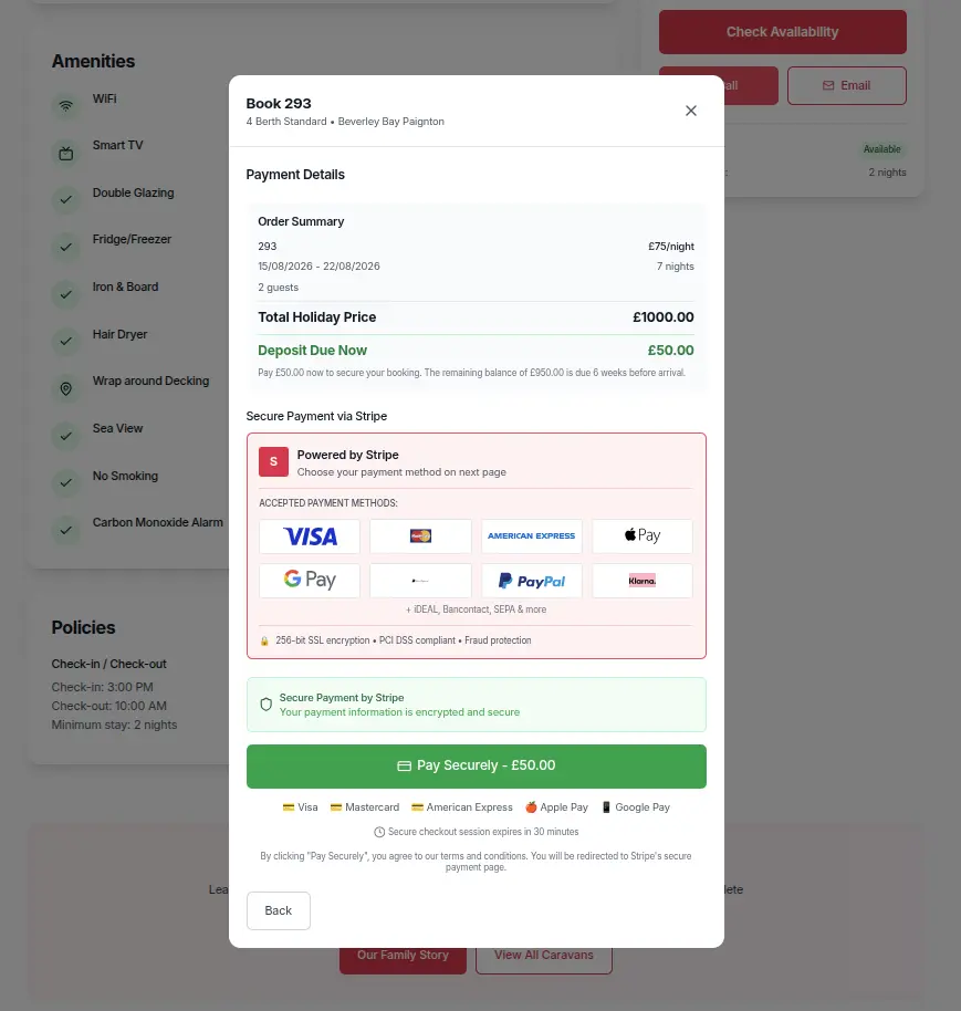 Shirleys Holidays Stripe payment flow